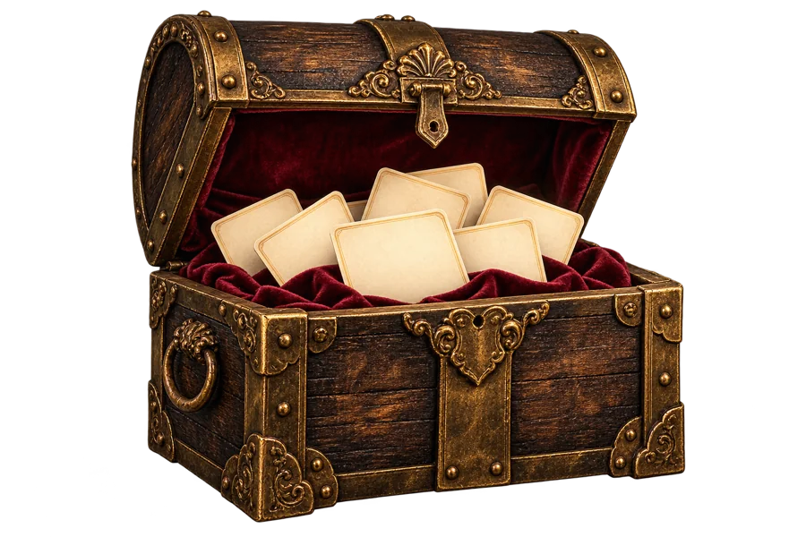 Forziere con velluto rosso e carte per le domande divertenti