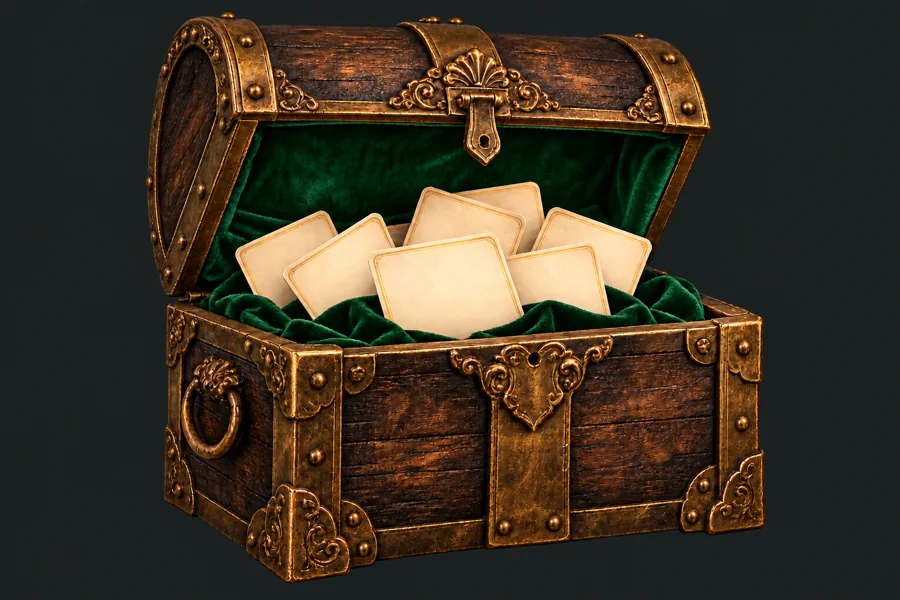 Forziere con velluto verde e carte per le domande serie